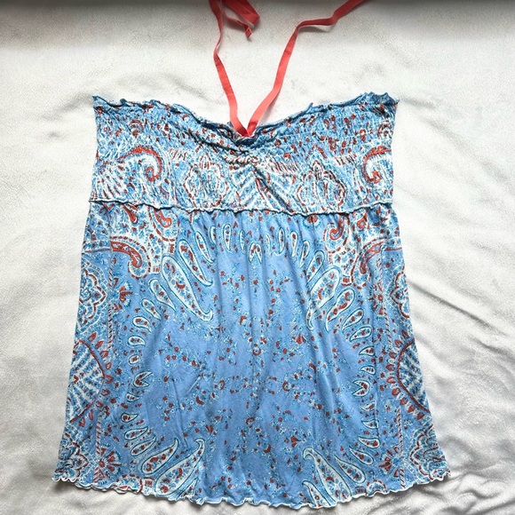 Free People Tops - Vtg Free People Red White Blue Paisley Strapless Top Shirt String Halter L RARE